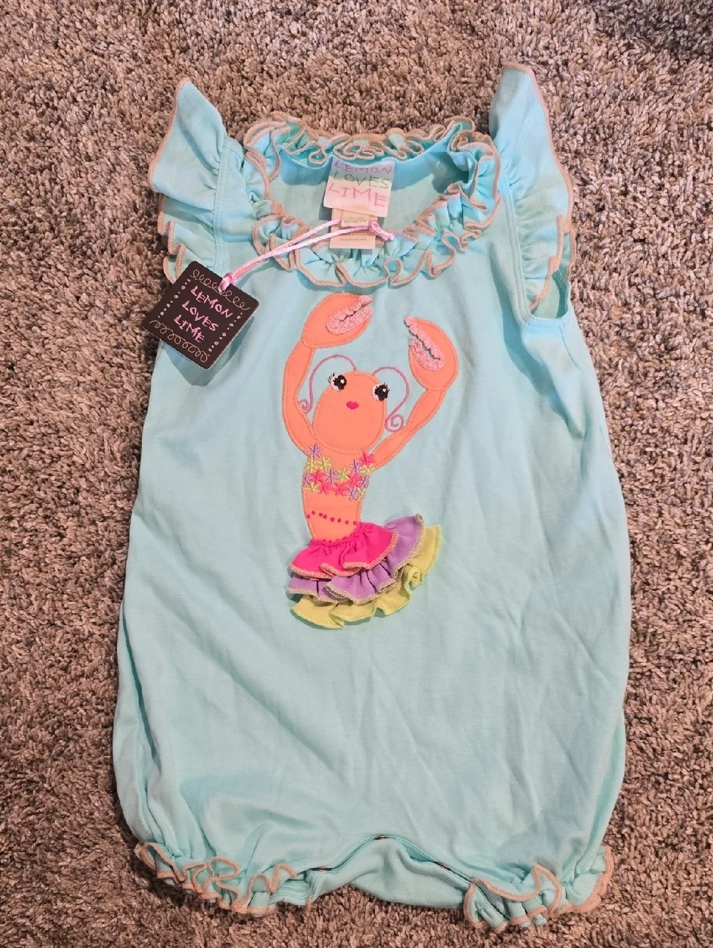 Lemon Loves Lime Aqua Crab Ruffle Romper with Colorful Skirt Appliqué